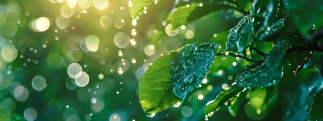 Wall Mural - close-up of fresh green leaves with water droplets and bokeh