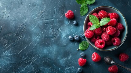 Wall Mural - Fresh raspberries in a bowl with mint leaves on dark background