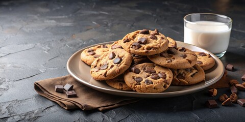 Wall Mural - Cookies with milk chocolate chunks on a stone board , chocolate chip, dessert, sweet, baked goods, snack, indulgence