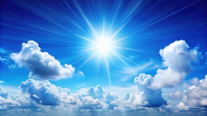 Canvas Print - Blue sky with fluffy clouds and sun reflection, perfect for summer backdrop, blue sky, clouds, sun, reflection, summer, daytime