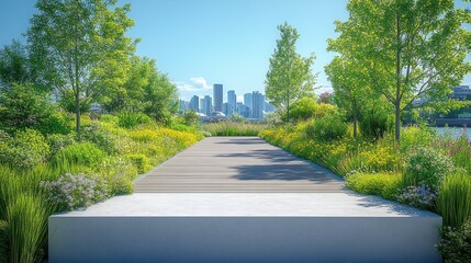 Wall Mural - Serene Urban Park Pathway Surrounded by Lush Greenery and Colorful Flowers with a Skyline View on a Bright Sunny Day