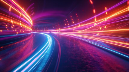 Poster - Neon Lights Illuminate a Curving Night Road