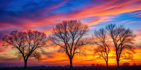 Wall Mural - Silhouettes of bare trees against a colorful sunset sky, nature, branches, shadows, dusk, peaceful, tranquil
