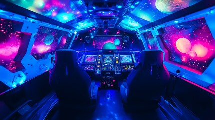 Wall Mural - futuristic spaceship interior with vibrant galaxy lighting