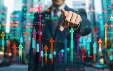 Poster - Businessman Interacting With Rising Market Arrows Graph