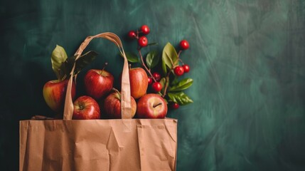 Poster - Paper bag filled with fresh red apples and green leaves on dark background