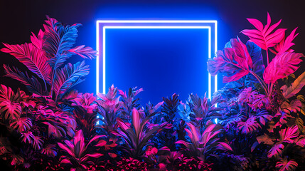 Wall Mural - tropical plants illuminated with blue and pink fluorescent light. exotic environment with square sha