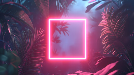 Wall Mural - tropical plants illuminated with blue and pink fluorescent light. exotic environment with square sha