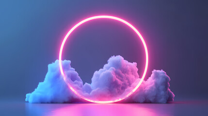Wall Mural - 3d render, abstract minimal background, pink blue neon light round frame with copy space, illuminate