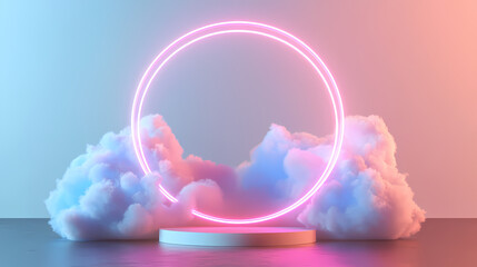 Wall Mural - 3d render, abstract minimal background, pink blue neon light round frame with copy space, illuminated stormy clouds, glowing ring geometric shape. Neon. Illustration