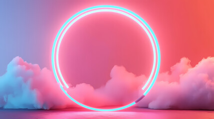 Wall Mural - 3d render, abstract minimal background, pink blue neon light round frame with copy space, illuminated stormy clouds, glowing ring geometric shape. Neon. Illustration