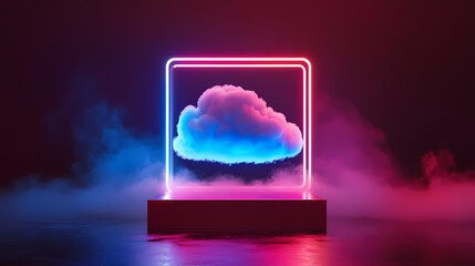 Wall Mural - 3d rendering, abstract geometrical background with square neon frame and stormy cloud glowing with p