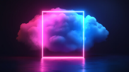 Wall Mural - 3d rendering, abstract geometrical background with square neon frame and stormy cloud glowing with p