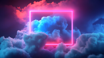 Wall Mural - 3d rendering, abstract geometrical background with square neon frame and stormy cloud glowing with p