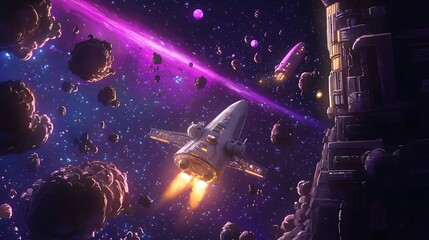 Wall Mural - spaceship flying through asteroid field, cosmic landscape