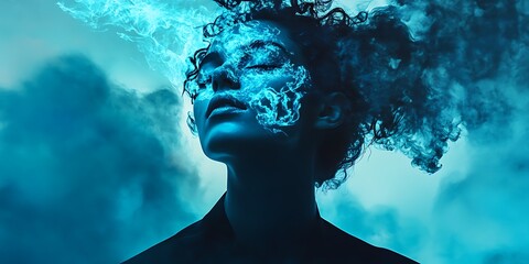 Wall Mural - Woman engulfed in blue flames, surreal portrait