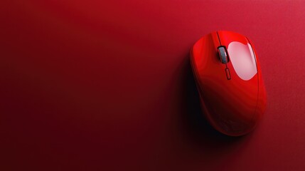 Poster - A detailed shot of a red computer mouse on a deep crimson background, showcasing its sleek, modern design and smooth contours in a vivid, eye-catching composition