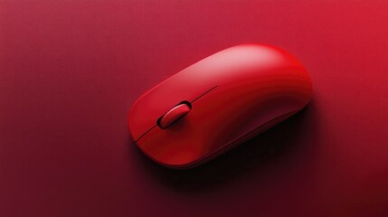 Poster - A detailed shot of a red computer mouse on a deep crimson background, showcasing its sleek, modern design and smooth contours in a vivid, eye-catching composition