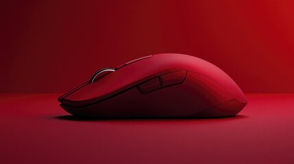 Poster - A detailed shot of a red computer mouse on a deep crimson background, showcasing its sleek, modern design and smooth contours in a vivid, eye-catching composition