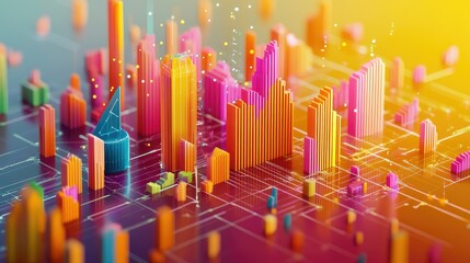 Poster - A digitally generated isometric 3D data chart with clean lines and vibrant colors, illustrating complex data trends in a visually appealing way