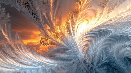 Poster - A mesmerizing abstract of shattered ice crystals, glowing with light in intricate fractal patterns, evoking the beauty of frozen water in a wintry landscape