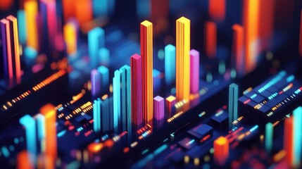 Poster - Abstract isometric data chart in 3D with bright colors and smooth lines, representing statistical trends and data analysis in a modern digital format