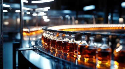 Poster - Automated liquor bottling line in a large-scale industrial facility, with bottles of various spirits like gin and whiskey moving through the production process