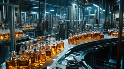 Poster - Automated bottling line at a large-scale liquor production plant, with glass bottles filled with spirits like whiskey, vodka, and gin moving through the assembly process