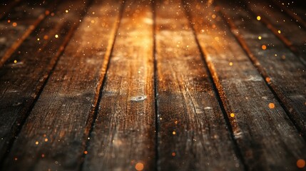 Aufkleber - Close-up of rough, aged wooden planks with natural grain textures and a warm glow, dust particles sparkling in the light, giving a vintage, rustic ambiance