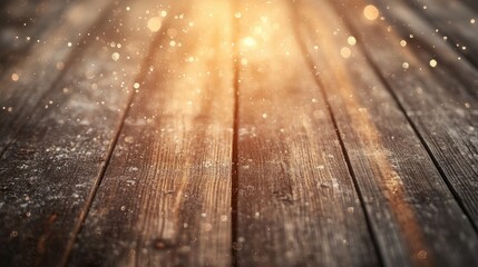 Aufkleber - Close-up of rough, aged wooden planks with natural grain textures and a warm glow, dust particles sparkling in the light, giving a vintage, rustic ambiance