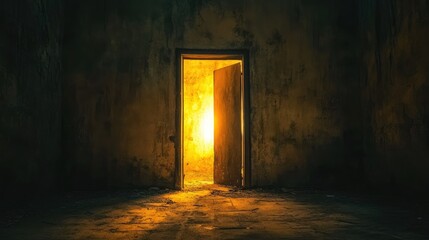 Poster - Dark and desolate industrial space with deteriorating walls and a glowing doorway, casting an unsettling light into the shadows, creating a sense of fear
