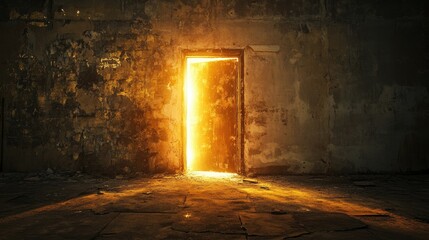 Poster - Dark and desolate industrial space with deteriorating walls and a glowing doorway, casting an unsettling light into the shadows, creating a sense of fear
