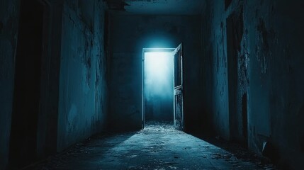 Poster - Dark and desolate industrial space with deteriorating walls and a glowing doorway, casting an unsettling light into the shadows, creating a sense of fear