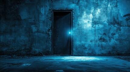 Poster - Dark and desolate industrial space with deteriorating walls and a glowing doorway, casting an unsettling light into the shadows, creating a sense of fear