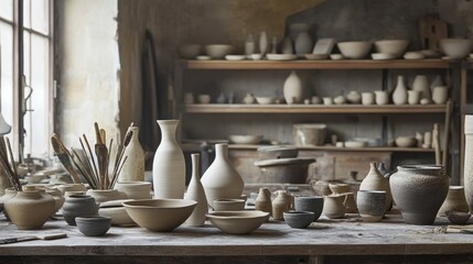 Poster - Handcrafted ceramic pottery pieces, including vases and bowls, arranged in a pottery workshop with raw materials and tools scattered, evoking the artistry of creation