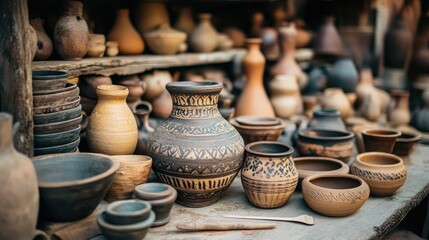 Poster - Handcrafted ceramic pottery pieces, including vases and bowls, arranged in a pottery workshop with raw materials and tools scattered, evoking the artistry of creation