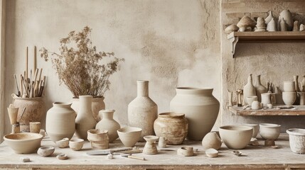 Poster - Handcrafted ceramic pottery pieces, including vases and bowls, arranged in a pottery workshop with raw materials and tools scattered, evoking the artistry of creation