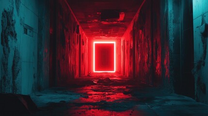 Aufkleber - Hauntingly abandoned industrial corridor with cracked walls and a mysterious glowing doorway at the end, casting an eerie light on the dark surroundings