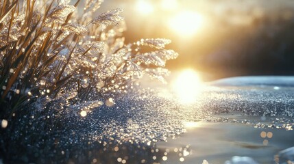 Poster - Icy water droplets and frozen crystals sparkles in the sunlight, with a dreamy, wintry backdrop creating a magical, serene scene of winter beauty