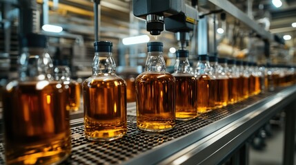 Poster - Inside an industrial alcohol production facility, automated machines packaging bottles of whiskey, gin, and vodka on a high-speed production line