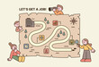 © MINIWIDE - Recruitment and Job Search. Adorable characters are searching for their way to a job using a treasure map as their guide.