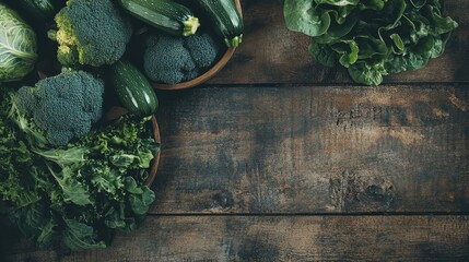 Aufkleber - Organic, fresh green vegetables such as spinach, broccoli, lettuce, and zucchini arranged in a flat lay style on a rustic wooden table, showcasing their natural colors