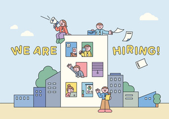 Fototapete - Recruitment and Job Search. Business characters working around the building and in windows to recruit talent. banner poster concepts.