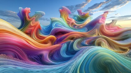 Poster - Surreal 3D rendering of multicolored abstract shapes forming dynamic waves and peaks, creating a striking visual of flowing, organic forms in vibrant hues