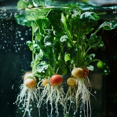 Wall Mural - a close-up of aquaponically grown vegetables, their roots suspended in nutrient-rich water