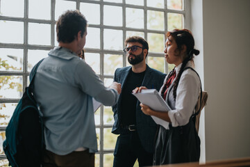 Poster - A group of students engaging in a thoughtful conversation with a professor, discussing academic topics in a university building. The setting is casual yet focused on learning and collaboration.