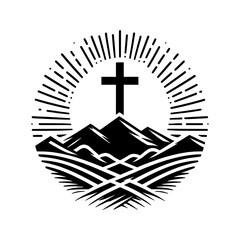 Poster - Simple Christian design of a black vector silhouette of a Christian cross on the mountain with sun rays in a sunburst style, isolated on a transparent background