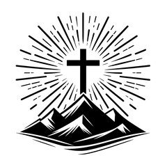 Wall Mural - simple christian design of a black vector silhouette of a christian cross on the mountain with sun r