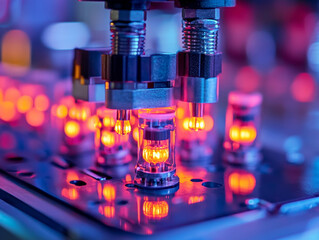 Poster - close up of fiber optic connectors being assembled, showcasing vibrant colors and intricate details. glowing elements create captivating visual effect