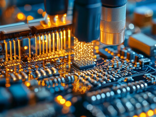 Poster - close up of fiber optic connectors being assembled on circuit board, showcasing intricate details and vibrant colors. image captures precision and technology involved in modern electronics
